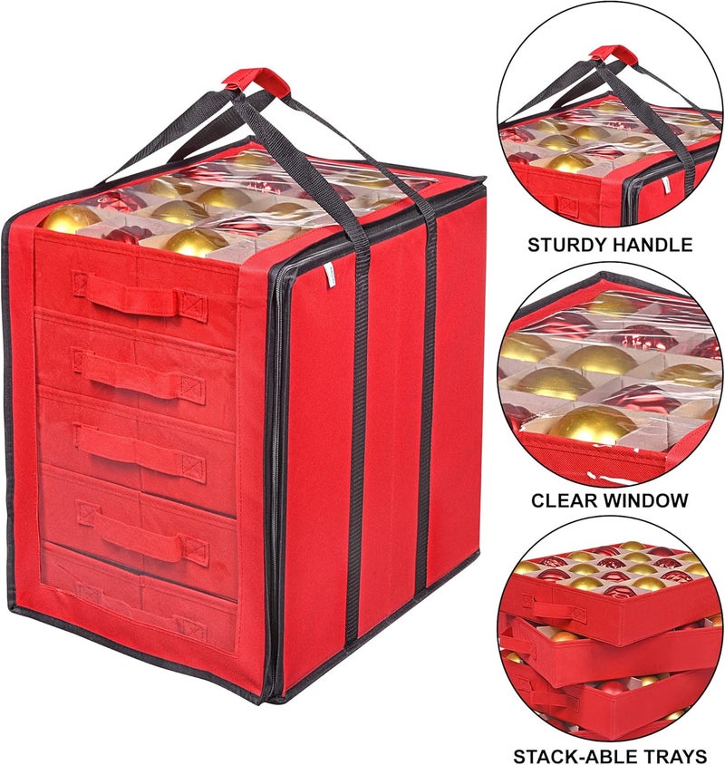ProPik Christmas Ornament Storage Boxes with Dividers - 5 Separate Trays - Ornament Holder - Keeps 100 Holiday Ornaments - Durable Carrying Bag Handles Organizer Storage Box (Red) - Image 4